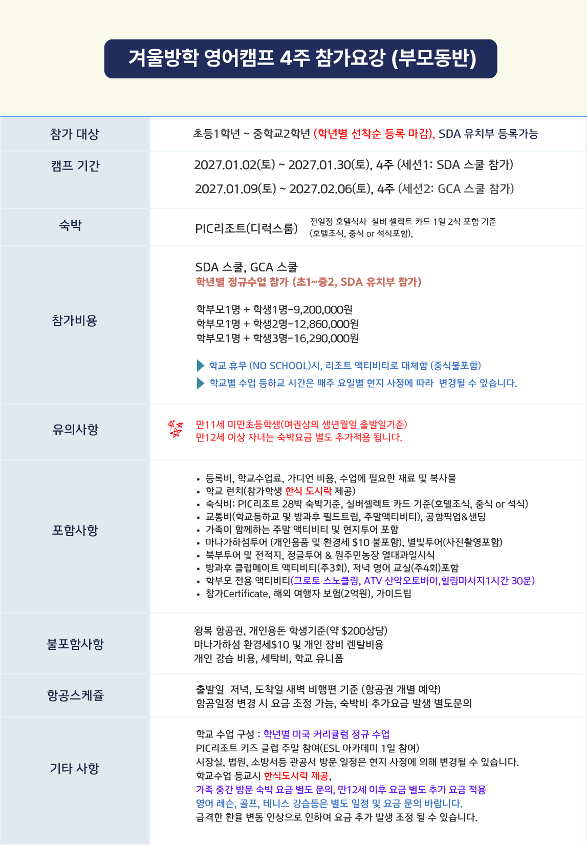 겨울방학영어캠프 4주 부모동반 참가요강