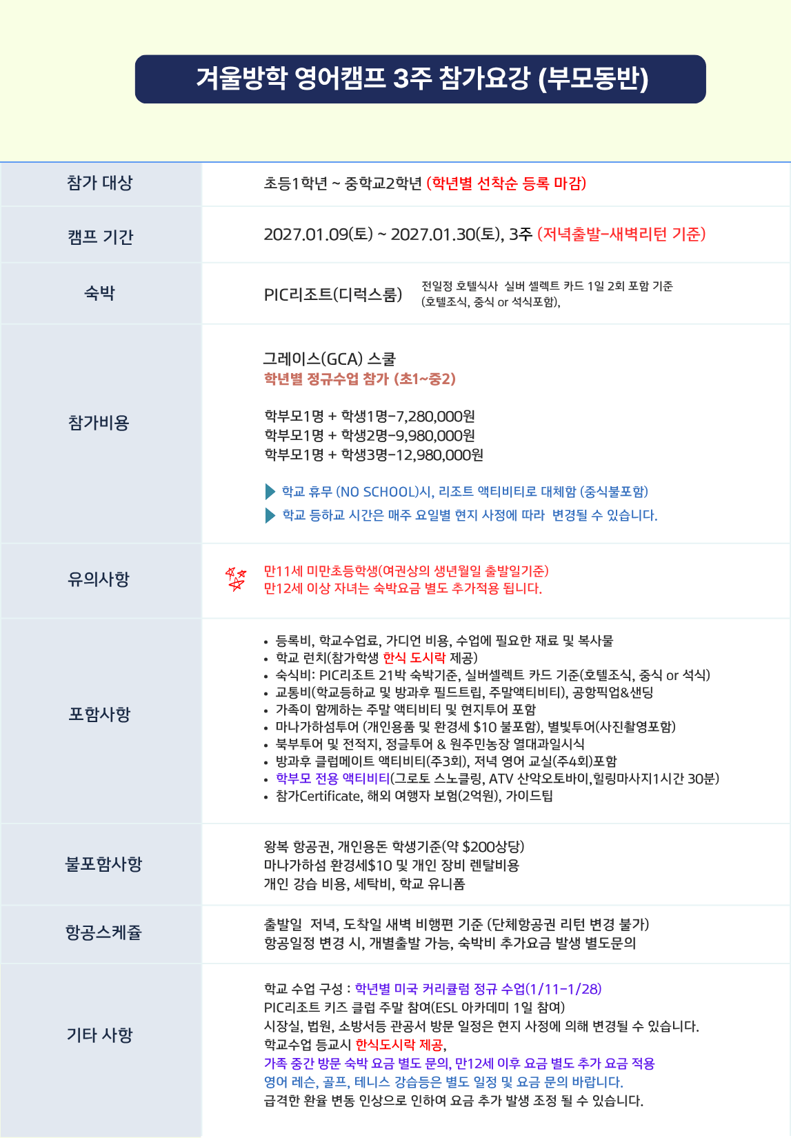 겨울방학영어갬프 3주 참가요강(부모동반)